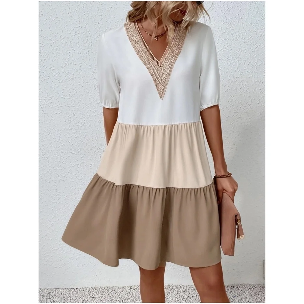 Boho Color Block Lace Oversized Mini Dress - Picture 6 of 13